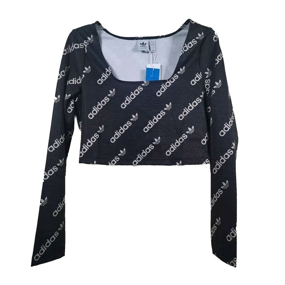 Adidas Logomania Repeat Logo Long Sleeve‎ Crop Top Shirt HM4894 Women's LARGE